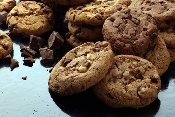 Chocolate cookies on marble table. Chocolate chip cookies shot