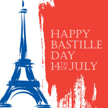 Happy Bastille Day. 14th of July brush stroke holiday background in colors of the national flag of France with Eiffel tower. Vector illustration.