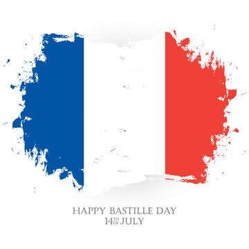 Happy Bastille Day. 14th of July holiday greeting card with french national flag brush stroke background. Vector illustration.