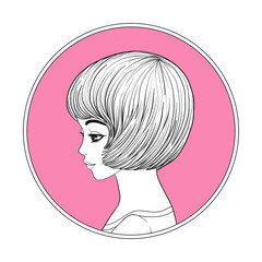 A young beautiful girl.  Monochrome portrait in circle on a pink background. Stock line vector illustration.