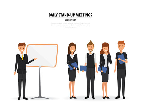 Business Daily Stand Up Meeting With White Board. Vector Illustration Of Scrum Business Meeting.