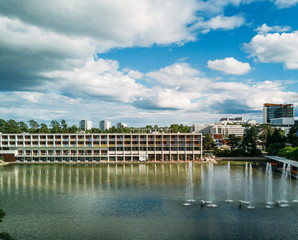 Naklejka premium Aerial view of fountain near Helsinki city, Finland