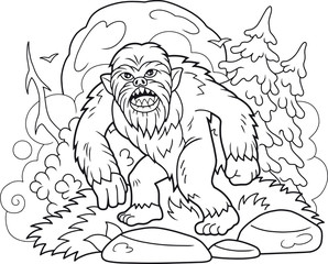 Cartoon bigfoot walks through the forest