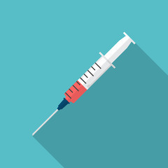 Syringe icon with long shadow. Flat design style. Syringe simple silhouette. Modern, minimalist icon in stylish colors. Web site page and mobile app design vector element.