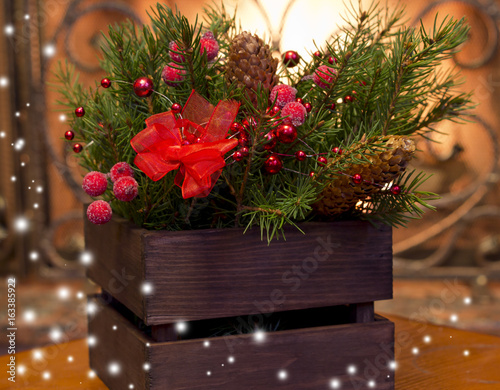 christmas decoration on background of fireplacered beadsfir cones tree branches in wooden - Wooden Box Christmas Decorations christmas decoration on background of fireplacered beadsfir cones tree branches in wooden - Wooden Box Christmas Decorations