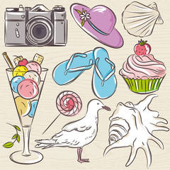 Set of  summer symbols,  seashell, seagull, camera, muffin, hat, ice cream, on a beige  grunge background, vector