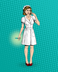 The nurse gives an injection syringe medicine health medicine and smiling to the patient. Retro style.