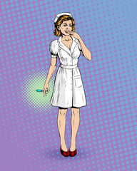 The nurse gives an injection syringe medicine health medicine and smiling to the patient. Retro style.