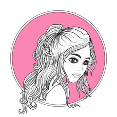 A young beautiful girl.  Monochrome portrait in circle on a pink background. Stock line vector illustration.