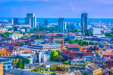 Zagreb cityscape. / Aerial cityscape of capital town Zagreb in Croatia, popular tourist resort in...