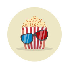 Bucket with popcorn and 3D glasses  for an evening watching a movie, paper box icon, corn flat vector illustration on white background in round