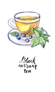 Watercolor glass cup of black currant tea