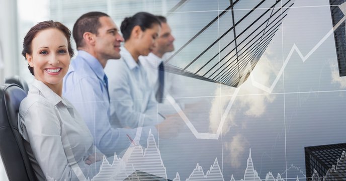 Business people in a row with city finance graph transition