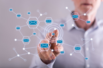 Man touching a communication network on a touch screen