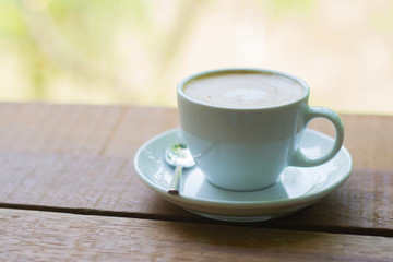 Coffee late on wood table background Top view. Coffee for a day at the little cafe. Feel comfortable, A place to inspire.