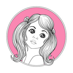 A young beautiful girl.  Monochrome portrait in circle on a pink background. Stock line vector illustration.