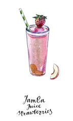 Glass of jamba juice strawberries with berries in watercolor