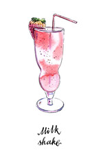 Glass of milk shake with straw and strawberry in watercolor