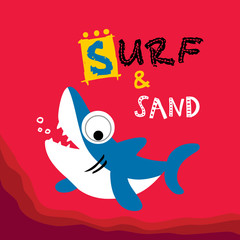 surf and sand. cute shark vector cartoon