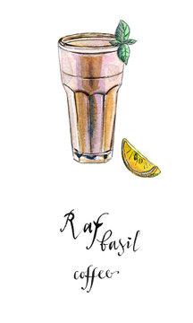 Glass of coffee drink Raf with leaf of basil and slice of orange in watercolor