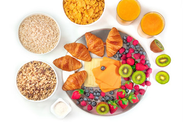 Overhead photo of continental hotel breakfast on white