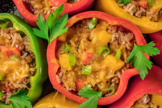 Closeup Of Stuffed Bell Peppers With Rice And Meat