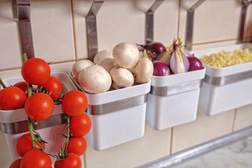 Ingredients on the pizzas in the restaurant