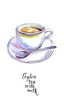 Ceramic cup of traditional Ceylon tea with milk and spoon, in watercolor