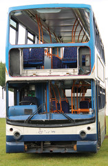 The Damaged Front of a Crashed Double Decker Bus.