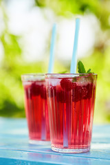 Close up of summer lemonade with raspberry and leaves mint