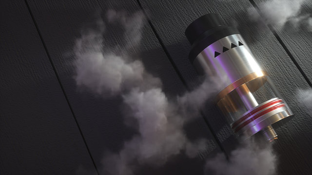Rebuildable dripping atomizer in vape clouds. 3d render