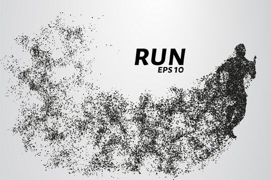 Runner of the particles. The man runs and the wind out of him pulling out pieces in the shape of a circle. Vector illustration.