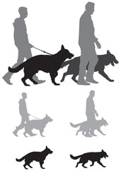 German shepherd dog show, cynologists with pets vector silhouettes
