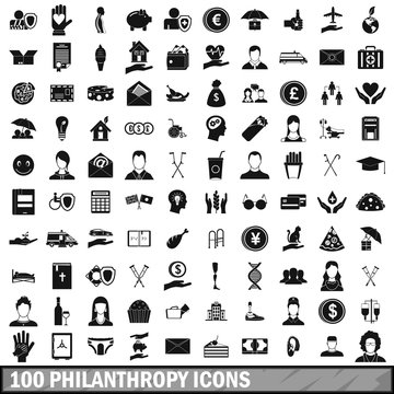 100 Philanthropy Icons Set, Simple Style 