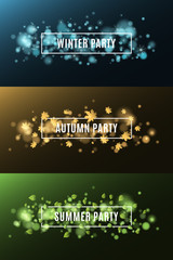 Winter party. Autumn party. Summer party. Background of multicolored lights. Glare bokeh. White, rectangular banners. Flying leaves of maple. Flying snowflakes