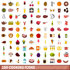 100 cooking icons set, flat style