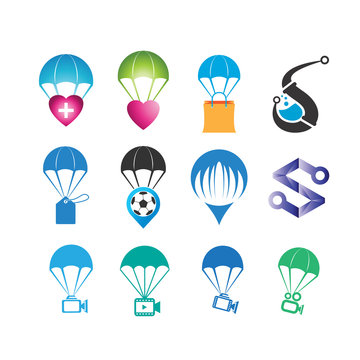 Set of logo parachute, love, shopping, movies