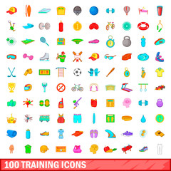 100 training icons set, cartoon style