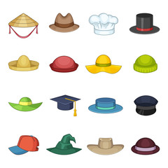Hat cap icons set, cartoon style