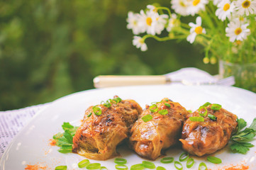 Rustic dinner with stuffed with vegetables cabbage leaves in tomato sauce, Russian dish. The plate stands on the edge of the table, a bouquet of chamomiles in the background. Selective focus
