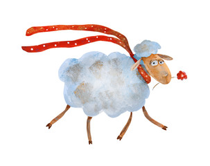 Sheep in red scarf with flower. Watercolor illustration. Hand drawing - 163398184