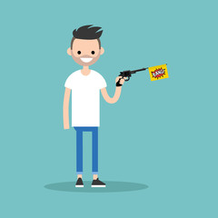 Young character holding a toy gun with a bang flag / flat editable vector illustration, clip art