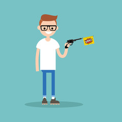 Young character holding a toy gun with a bang flag / flat editable vector illustration, clip art