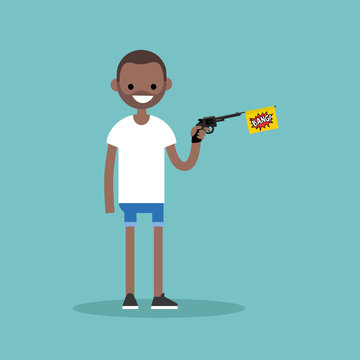 Young black character holding a toy gun with a bang flag / flat editable vector illustration, clip art