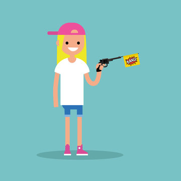 Young female character holding a toy gun with a bang flag / flat editable vector illustration, clip art