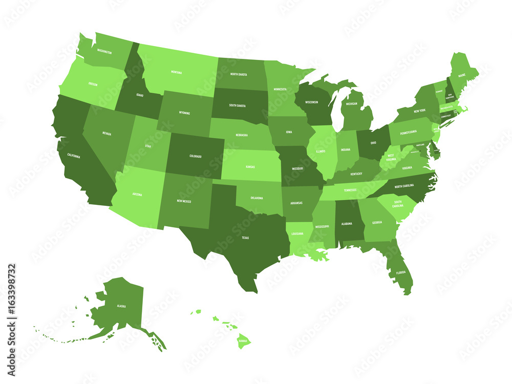 Sticker map of united states of america, usa, in four shades of green with white state labels. simple flat v - Stickers