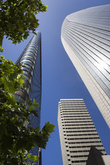 Obraz premium Urban skyscrapers seen from below against blue sky with greenery to the left. Vertical.