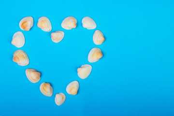 Symbolic heart made from seashells lying on blue background
