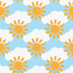 Repeated clouds and suns painted with a rough brush. Colour seamless pattern.