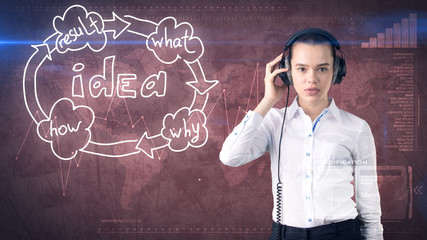 Creative ideas concept, beautiful businesswoman listening headset on painted background near idea organizational chart.